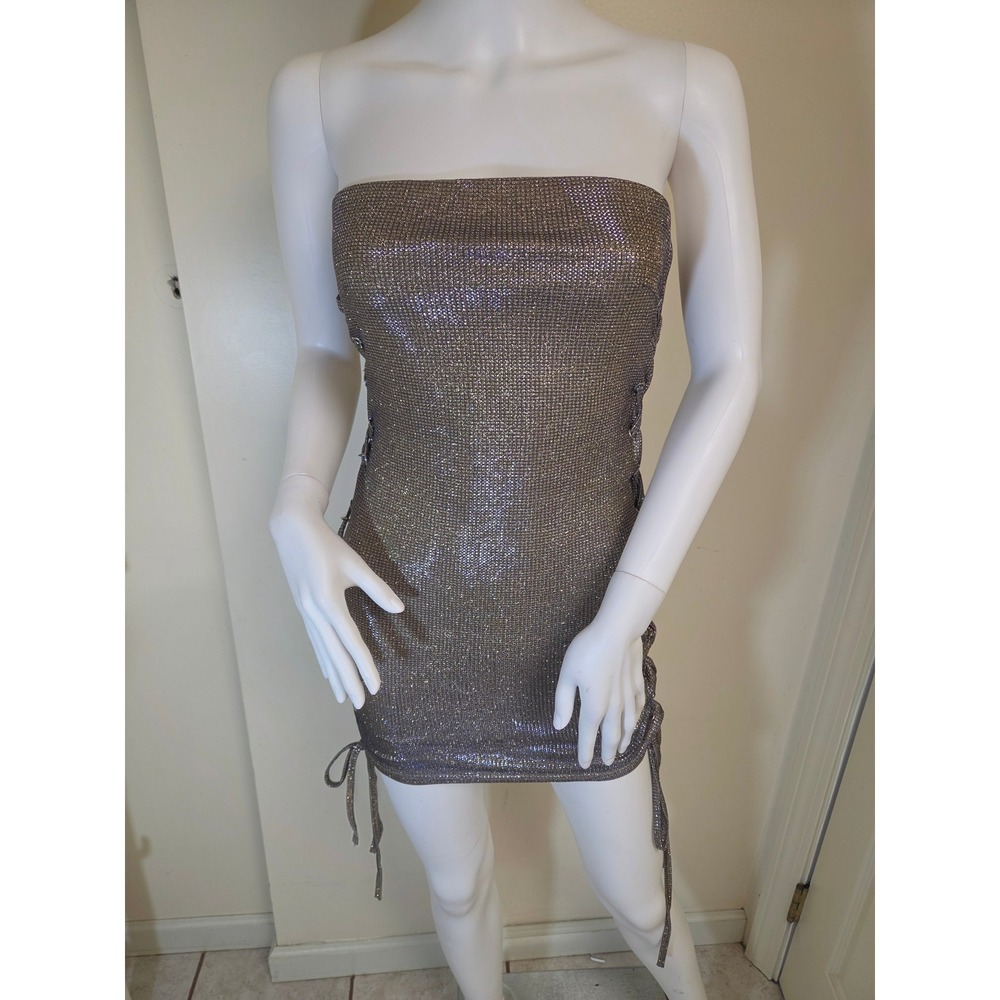 Y2K Carli Bybel x Missguided Metallic Lace Up Tube Mini Dress Gold Silver US 2